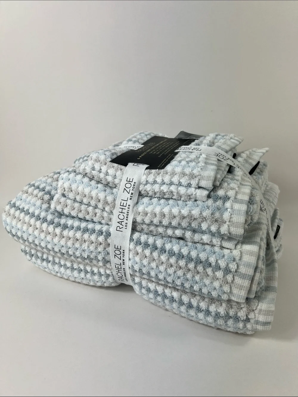 Rachel Zoe Towel Set Blue Tan White Waffle Weave Soft 100% Cotton 6 Pc Set NEW